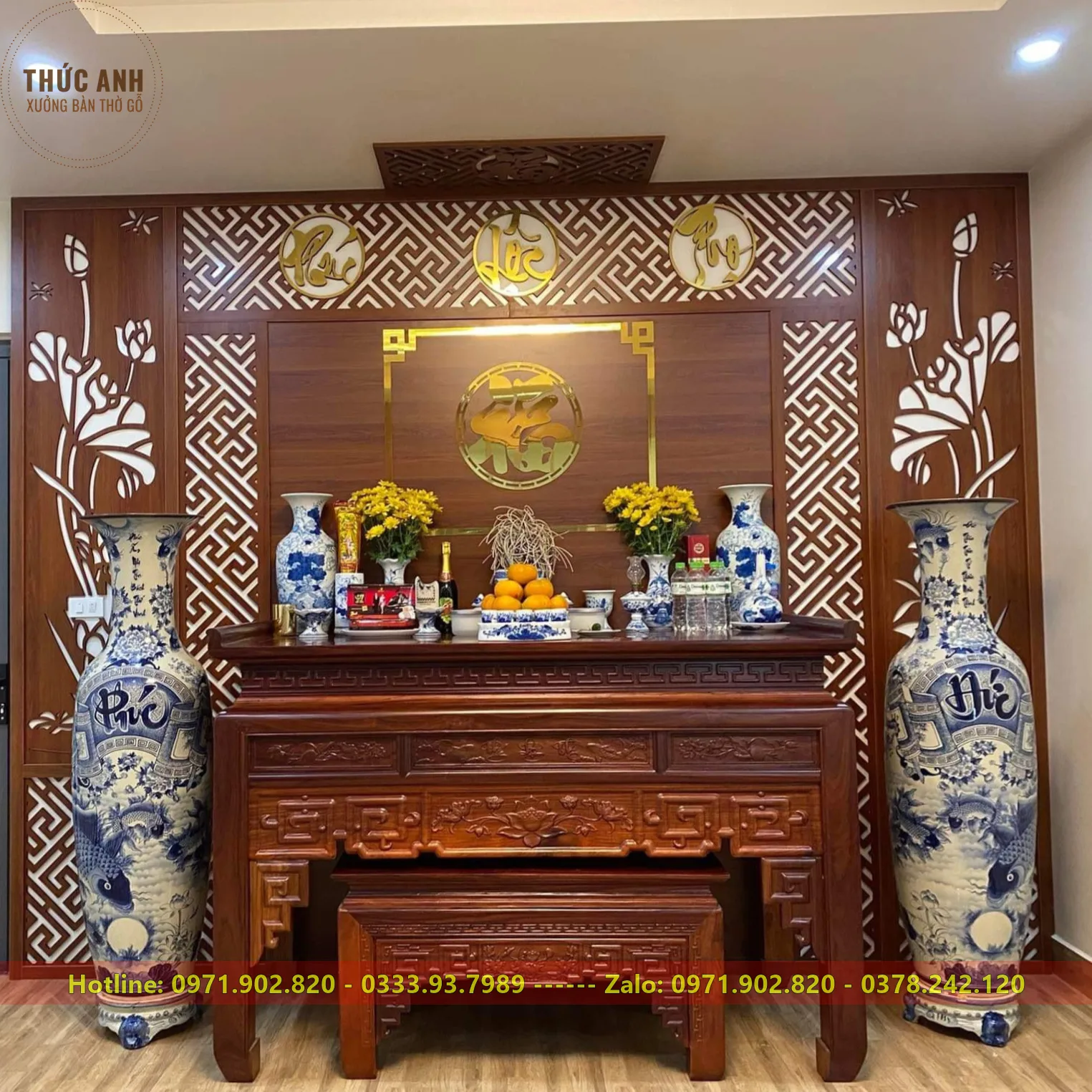 Cặp bàn thờ + tủ cơm gỗ sồi